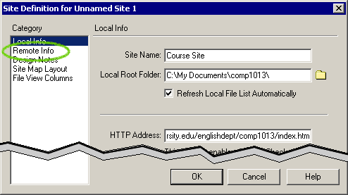 Site Definition: select the Remote Info pane